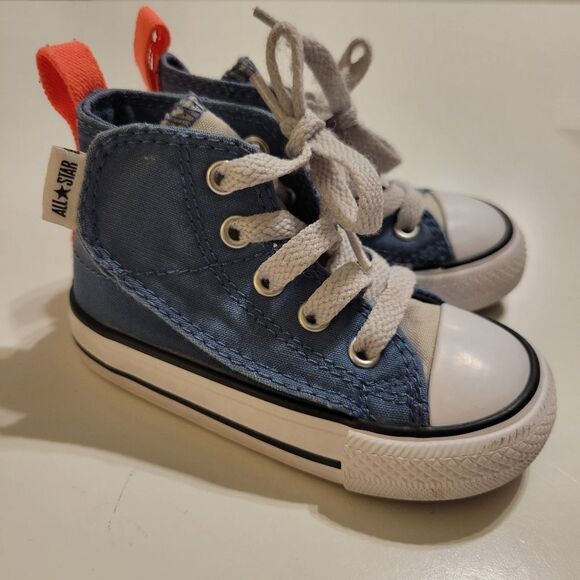 VELCRO CONVERSE ALL STAR BLUE ORANGE WHITE HIGH TOP CANVAS SNEAKERS girl boy 5 - Picture 1 of 12